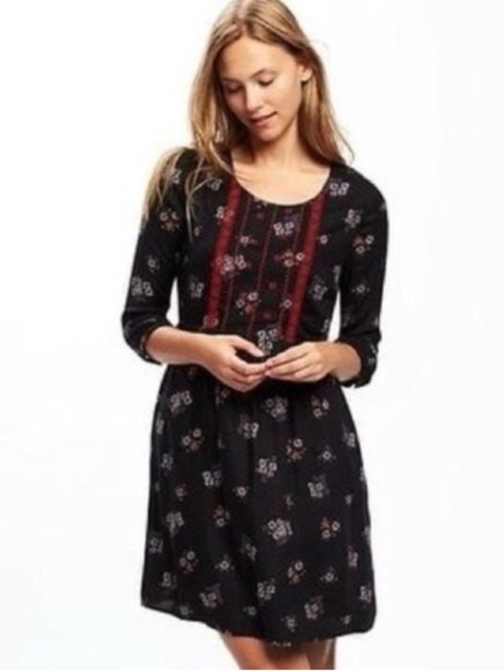 Old Navy Boho Floral Embroidered Babydoll Dress - Black - Size Large
